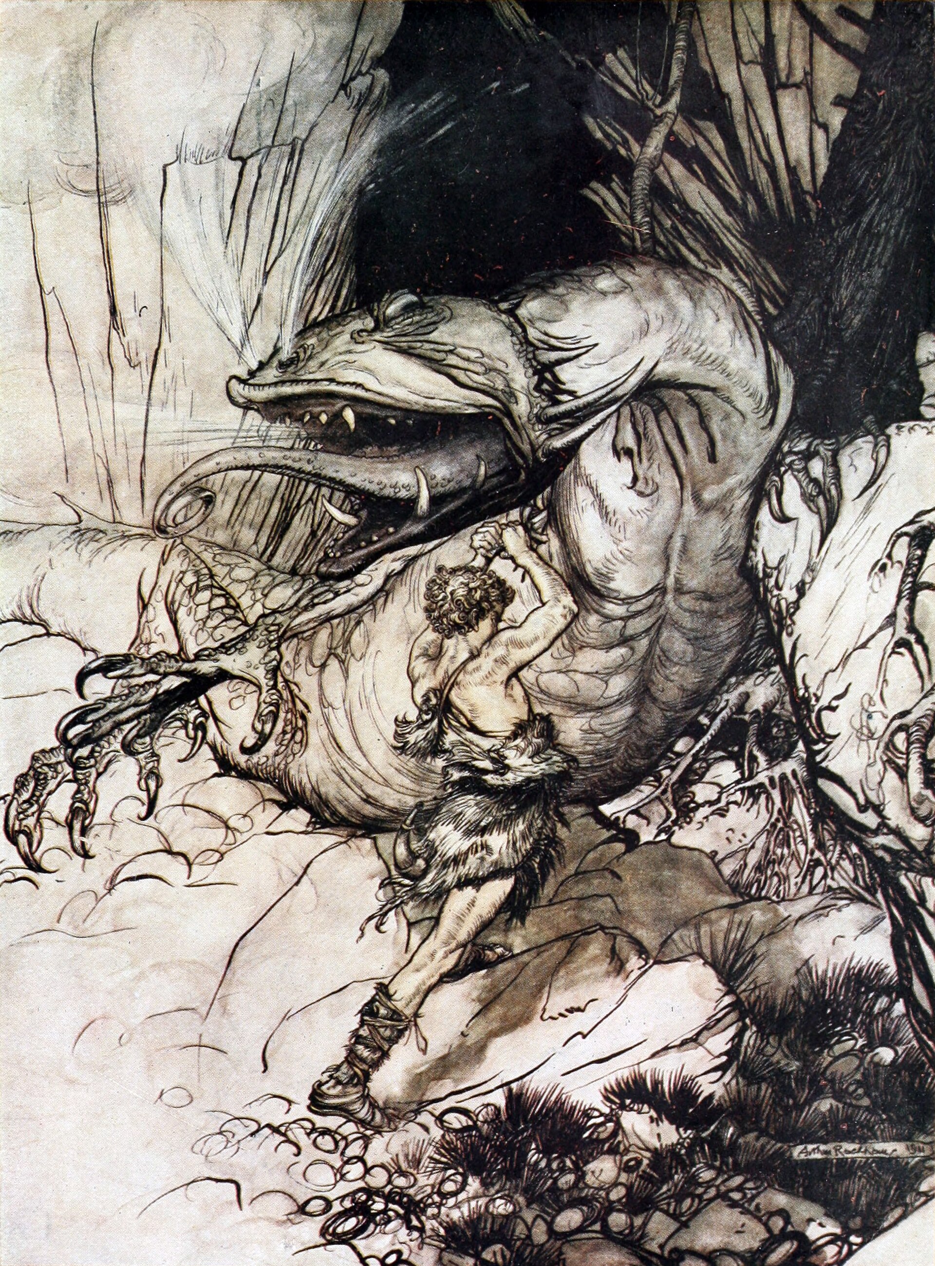 Siegfried kills Fafner — Arthur Rackham, 1911
