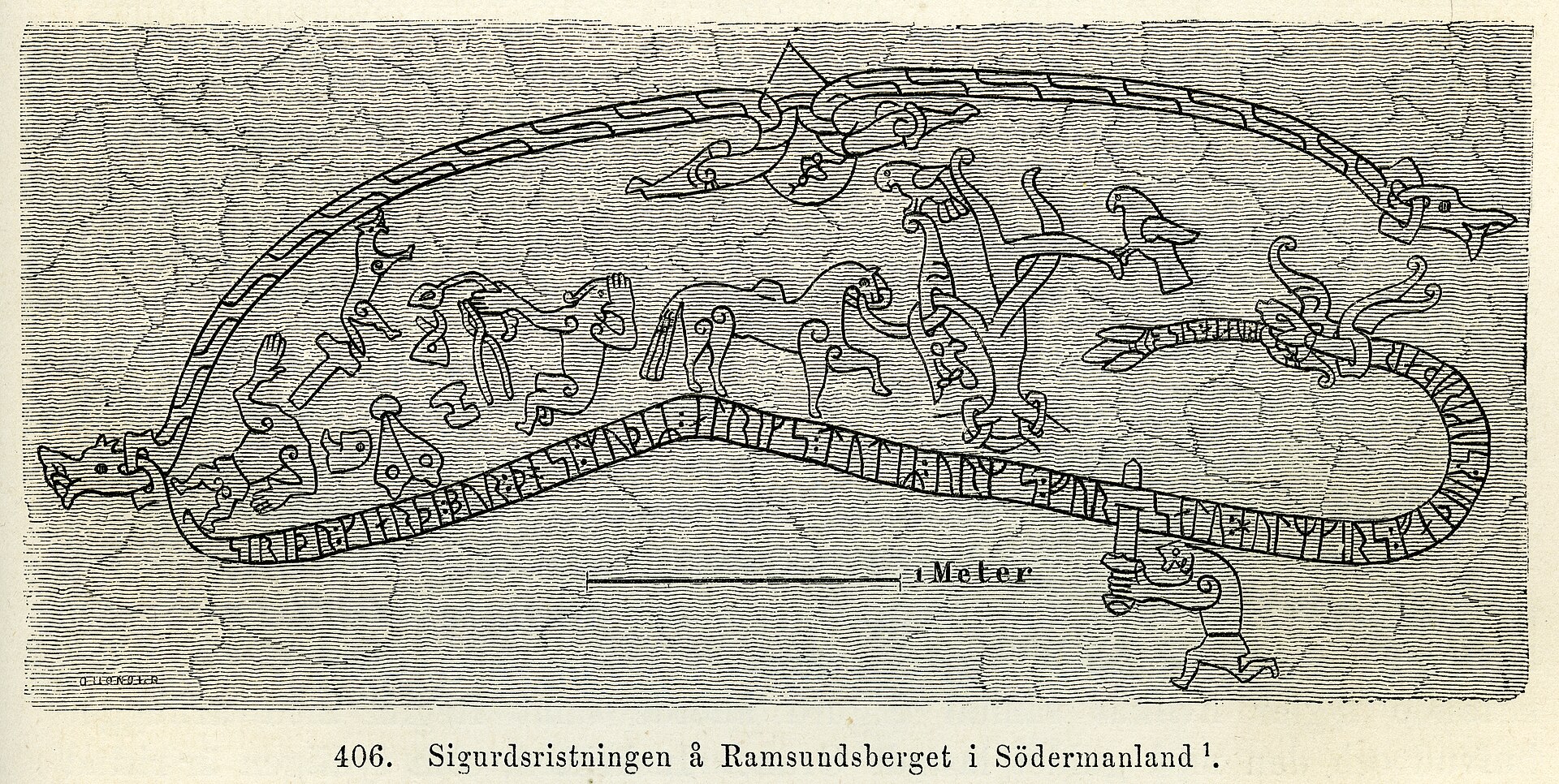 The Sigurd carving at Ramsund — drawing by Oscar Montelius, 1877